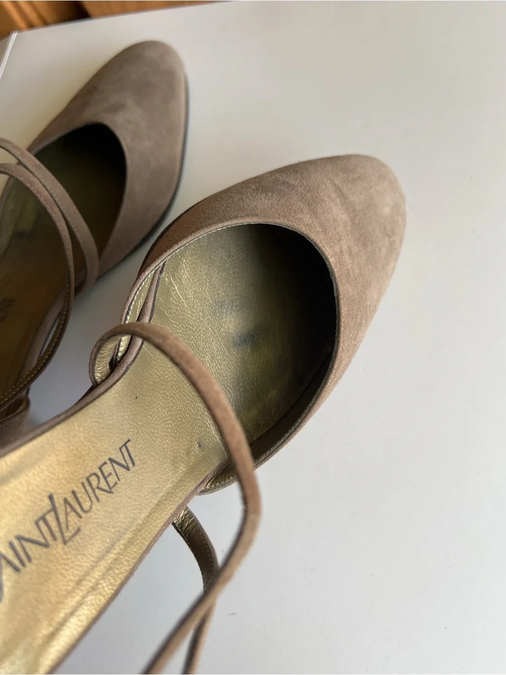 Vintage Yves Saint Laurent Taupe Suede D'Orsay Cross Strap Pumps Size 10M